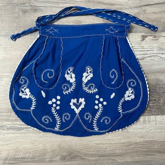 Handmade Accessories - Vintage Handmade Blue Embroidered Apron Cottagecore Folk Kitchen Witch
